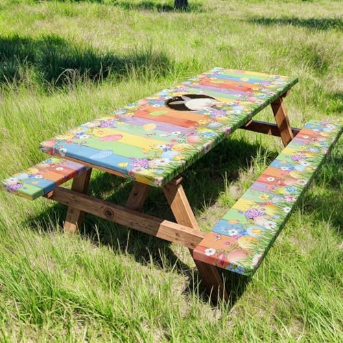 Easter Picnic Table Cover with Bench Covers, Cute Bunny Flower Colorful Wooden Board Camping Tablecloth, Waterproof Windproof, Fitted Tablecloth Cover with Elastic Edge, for Outdoor, 3 PCS, 30x72 Inch - Image 2