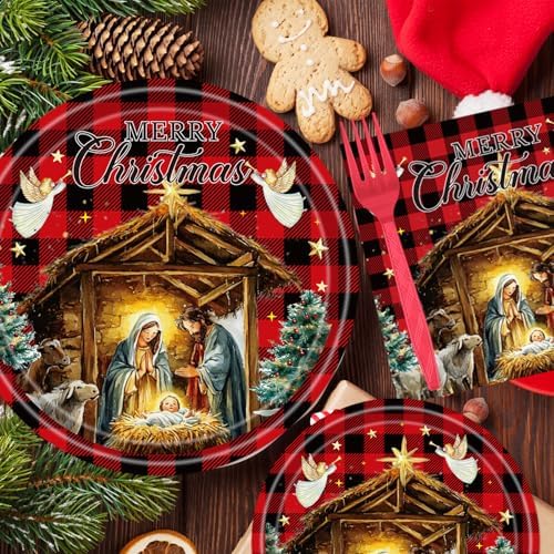Christmas Nativity Party Decorations, 96PCS Happy Birthday Jesus Disposable Paper Plates and Napkins Decorations, Religious Buffalo Plaid Christmas Forks Supplies Serves 24 - Image 6