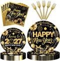 96 Pieces New Year’s Eve Plates and Napkins Set – Black and Gold 2027 Disposable 9 Inch and 7 Inch Party Plates with Gold Forks for New Year Countdown Celebration – Serves 24 Guests by Herytem