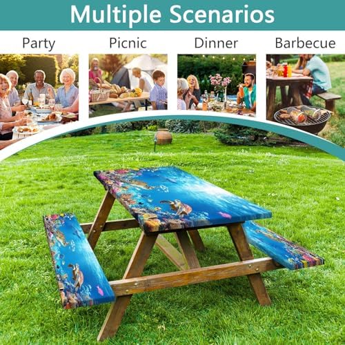 Ocean Animals Picnic Table Cover with Bench Covers, Camping Essentials, Underwater Sea Turtles Waterproof Windproof, Fitted Tablecloth Cover with Elastic Edge, for Garden & Outdoor, 3 PCS, 30x96 Inch - Image 4