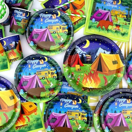 Camping Party Supplies - Camping Party Tableware - Dinner Plates Desserts Plates Cups Napkins Tablecover Straws for Boy Camper Campfire Forest Picnic Adventure Party Supplies, Serves 20 (20) - Image 5