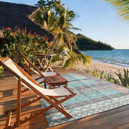 Outdoor Rug 5 x8 ft, Plastic Rug for Patio, Blue & Grey - Image 7
