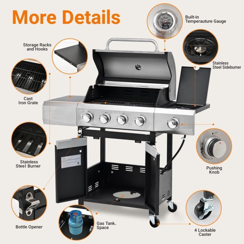Endark 51,000 BTU Gas Grill with Cover – 4 Stainless Steel Burners + Side Burner, Large Portable BBQ for Camping, Backyard, Tailgating & Outdoor Parties - Image 6