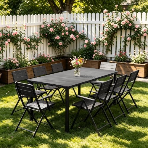 70.8" 6‑8 Person Outdoor Dining Table, HDPE Wood Grain Patio Table Metal Frame, Weather Resistant Rustproof Easy Clean Rectangular Table for Backyard Garden Deck, Black Woodgrain - Image 2