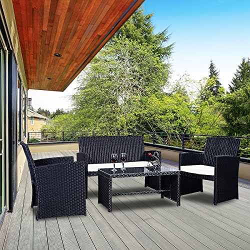 Goplus 4-Piece Rattan Patio Furniture Set, Outdoor Wicker Conversation Sofa with Weather Resistant Cushions and Tempered Glass Tabletop for Lawn Backyard Pool Garden (White(Black Wicker)) - Image 5