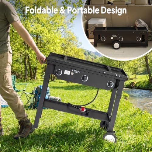 Bonnlo 3 Burner Propane Gas Stove with Work Station & Auto Ignition, 225,000 BTU Portable Camping Stove with Wheels & Regulator, Outdoor Propane Stove for Backyard Patio Cooking BBQ - Image 4