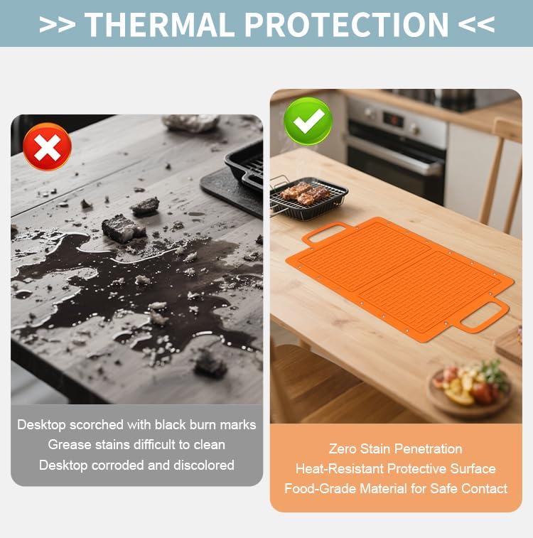 Large Silicone Grill Mat, Heat Resistant Non-Slip BBQ Mat, Foldable Grill Side Shelf Pad with Snap Buttons, Food-Grade, Convertible Storage Bag for BBQ Utensils & Accessories, Orange - Image 3