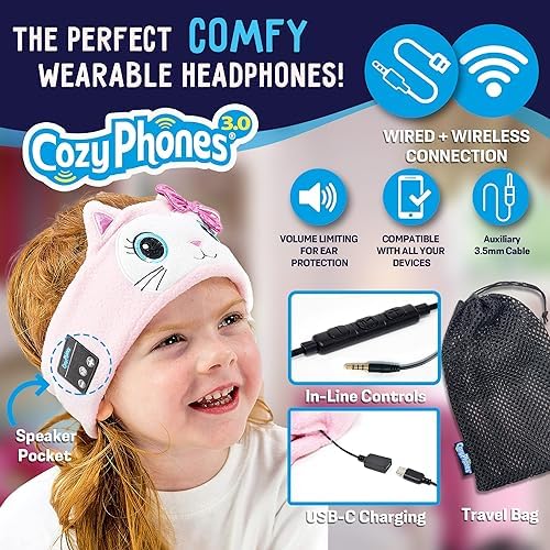 Toddler Headphones Wireless, Kids Bluetooth Earphones, Safe Volume - Wired School Headphones for Kids with 3.5 MM Jack and Travel Bag - Toddler Airplane Accessories for Boys & Girls - Kitty - Image 2