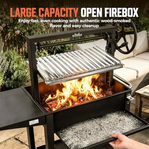 BIG HORN Santa Maria Grill, Argentine Parrilla Grill with Adjustable Height Grate, Wood Fire & Charcoal BBQ Grill, Large Outdoor Open Fire Grill with Storage for Patio & Backyard - Image 5