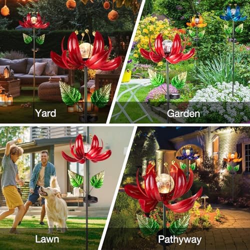 AIINY Solar Lights Outdoor Garden Decor, Solar Wind Spinner Yard Decorations Gifts for Outside, Lotus Windmill Pathway with LED Cracked Crystal Ball Waterproof Flower Sculpture for Patio Lawn - Image 7