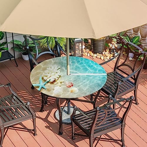 Fitted Round Tablecloth with Umbrella Hole and Zipper Starfish Coral Seashell Outdoor Elastic Table Cloth 45"-56" Oil-Proof Waterproof Summer Beach Patio Table Cover for Picnic Party - Image 7