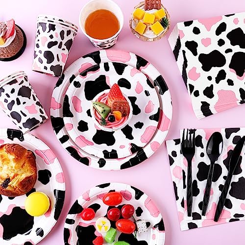 durony 350 Pieces Pink Cow Print Party Tableware Set Including Cowgirl Pink Cow Party Plates Cups Napkins Knives Forks Spoons Serves 50 for Baby Shower Farm Cow Party Decorations - Image 4