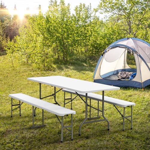 VINGLI Picnic Table Set with 2 Benches, 6 Feet Camping Table Chair Set,3-Piece Folding Furniture for Indoor or Outdoor Use, Smooth Tabletop, White - Image 6