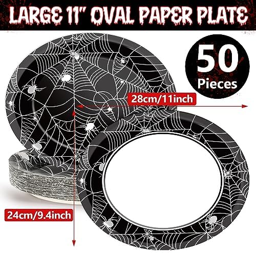 50 PCS Halloween Oval Paper Plates Large 11” Disposable Halloween Spider Web Party Decorations Heavy Duty Halloween Black and White Dessert Plates Dinner Supplies for Halloween Party Tableware Set - Image 2