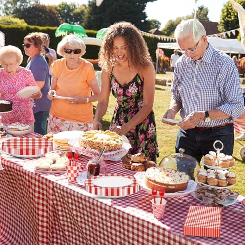 100 Pcs Red White Gingham Party Supplies Set, Serves 25 – Disposable Checkered Paper Plates, Napkins, and Forks, Classic Picnic Themed Tableware for BBQ, Outdoor, Birthday, Holiday Party Decorations - Image 4