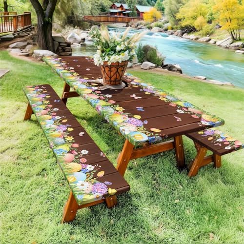 Easter Picnic Table Cover with Bench Covers Elastic Edges, Cute Bunny Flower Brown Wood Fitted Table Cover, Outdoor Patio Camping Essentials, Waterproof Camping Fitted Tablecloth, 3PCS, 30x72 Inch - Image 3