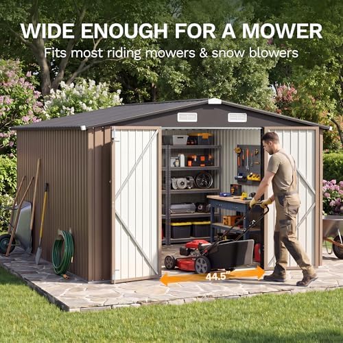 JUMMICO 10x12 FT Outdoor Storage Shed, Heavy Duty Metal Shed with Lockable Door&Slooping Roof, Tool Shed for Garden Backyard Patio(Brown) - Image 4