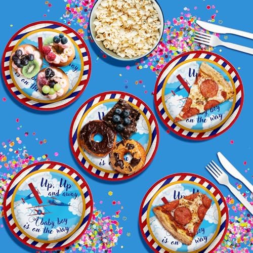 Up Up and Away Airplane Baby Shower - 32 Piece Disposable Party Supplies - Baby Shower Decorations - Round Party Plates - Large 9" Paper Plates In Bulk - Image 4