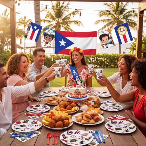 FoldTier 350 Pcs Puerto Rico Party Supplies Disposable Paper Plates Napkins Cups Puerto Rico Theme Birthday Party Decorations Tableware Flag Frog for Holiday Festival Family Friends Serve 50 Guests - Image 6