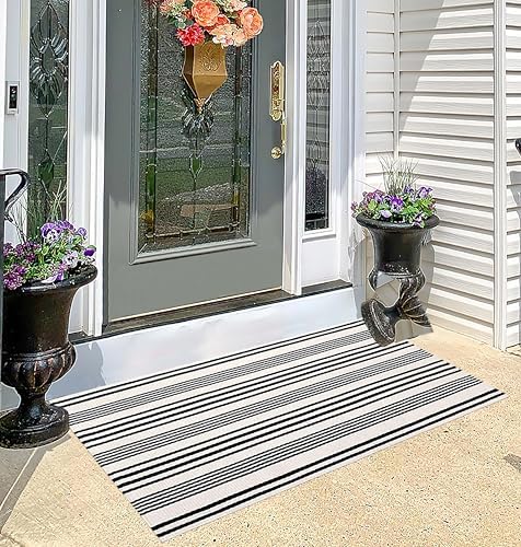 Black and White Striped Outdoor Rug 24"x51" Fall Layering Front Porch Rug - Image 6