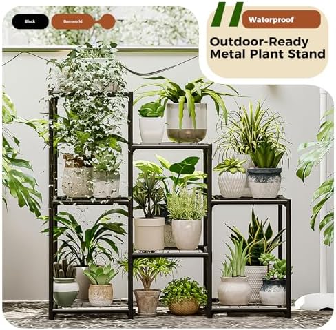 Bamworld Black Plant Stand Outdoor Metal Plant Shelf for Multiple Plants - Image 2