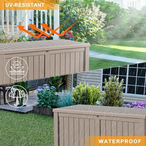 DRATO 150 Gallon Deck Boxes Outdoor Waterproof, Resin Large Lockable Storage Box with Lid, Outdoor Storage Bench Patio Cushions Furniture, Garden Tools, Pool Accessories(Grey, 150 Gallon) - Image 5