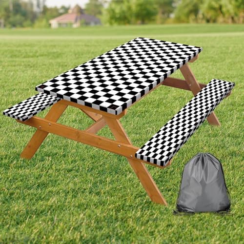 Picnic Table Cover with Bench Covers and Bag, Black and White Checkered Buffalo Plaid Camping Tablecloth Waterproof Windproof Elastic Edges Fitted Gingham Tablecloth for Outdoor Garden 3PCS 30x96 Inch by Xguatan