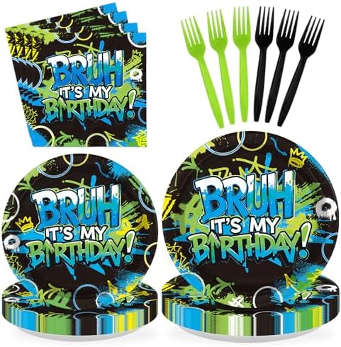 96 Pcs Bruh Birthday Party Supplies for Boys Teenager Serves 24 by Greencian