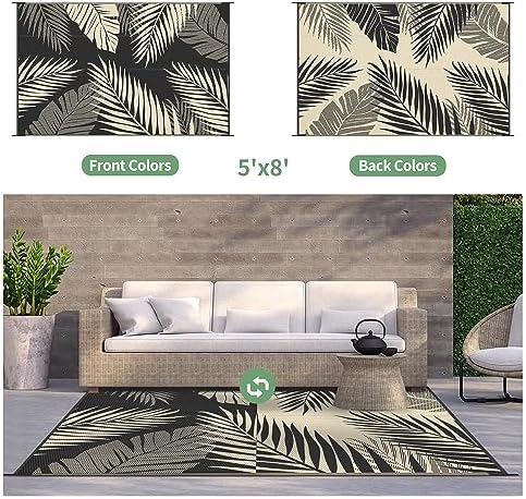 GENIMO Outdoor Rug, Waterproof Plastic Rugs for Patio, 5'x8' Black Beige - Image 2