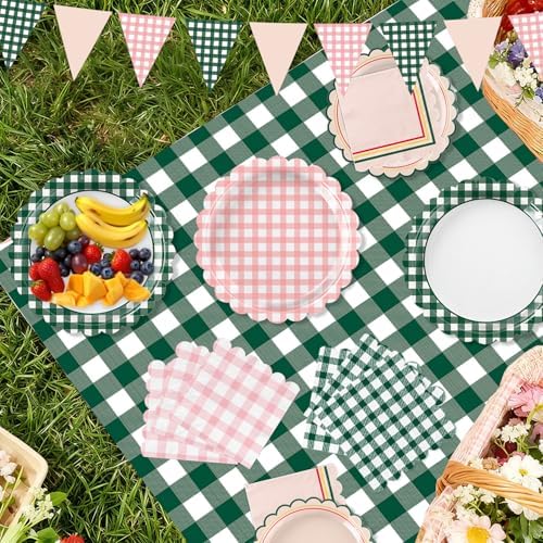 102 PCS Camp Bachelorette Decorations - Scalloped Gingham Plates, Napkins, Banner, Gingham Tablecloths for Baby Shower, Wedding, Birthday, Serves 25 - Image 5