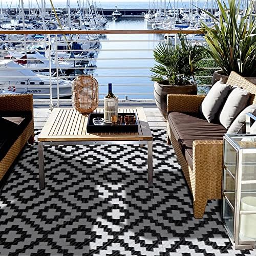 SAND MINE Waterproof Outdoor Rug 4x6 ft, Plastic Reversible Rug, Modern Area Rug, Large Floor Mat for Outdoors, RV, Patio, Backyard, Deck, Picnic, Beach, Camping (4' x 6', Black & White Lattice) - Image 6