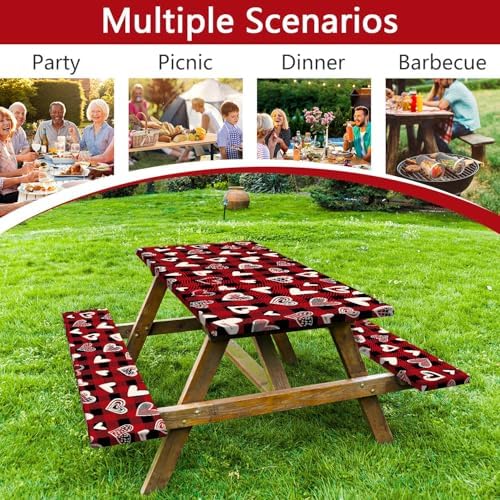 Valentines Day Picnic Table Cover with Bench Covers, Camping Essentials, Heart Buffalo Plaid Outdoor Table Covers, Waterproof Windproof, Fitted Tablecloth Cover with Elastic Edge, 3 PCS, 30x72 Inch - Image 6