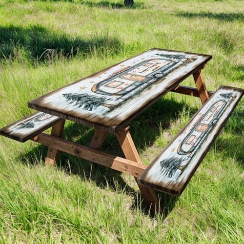 Picnic Table Cover with Bench Covers and Bag, Camping Essentials, Camper Forest Wooden Grain Outdoor Table Covers, Waterproof Windproof, Fitted Tablecloth Cover with Elastic Edge, 3 PCS, 30x96 Inch - Image 2