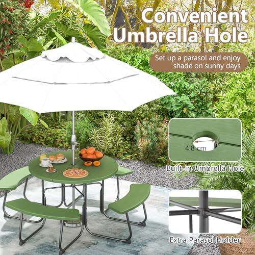 COSTWAY Round Outdoor Picnic Table with Bench Set for 4-8 People (Green) - Image 6