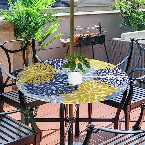 Fitted Round Tablecloth with Umbrella Hole and Zipper Spring Floral Outdoor Elastic Table Cloth 45"-56" Oil-Proof Waterproof Yellow Navy Chrysanthemum Patio Table Cover for Picnic Party - Image 2