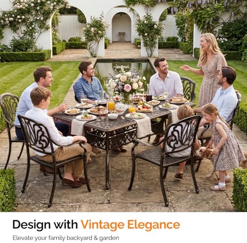 VINGLI 7-Piece Outdoor Dining Set, Cast Aluminum Patio Furniture Set for 6 with Umbrella Hole, Rectangular Outdoor Dining Table & 6 Stackable Chairs, All-Weather Garden/Poolside Dining Set Bronze - Image 5