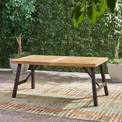 70.5'' Outdoor Patio Dining Table & 2 Bench for 4, Acacia Wood Farmhouse Dining Table Set Outdoor & Indoor Furniture for Patio Porch Garden, H-Shaped Base, 3-Pcs, Light Brown - Image 5