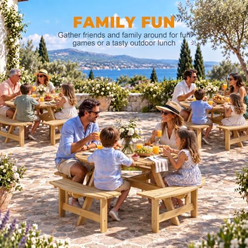 8 Person Wooden Picnic Table, Outdoor Round Picnic Table with 4 Built-in Benches, Umbrella Hole, Outside Table and Bench Set for Patio, Backyard, 500lbs Capacity Per Bench (Nature - 8 Person) - Image 5