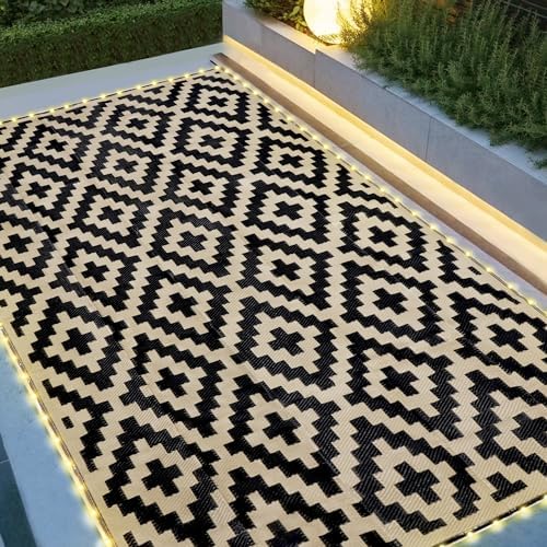 SAND MINE Reversible Mats with Led Strip Lights, Plastic Straw Rug, Modern Area Rug, Large Floor Mat for Outdoors, Patio, Backyard, Deck, Picnic, Camping, Black & Beige, 6' x 9' by SANDMIND