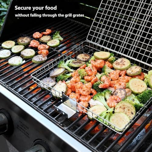 Grill Basket - Grill Baskets for Outdoor Grill, Stainless Steel Large Grilling Basket w Removable Handle, Portable Fish Grilling Rack for Grill Ideal Meat Fish Vegetables Grilling Accessories - Image 2