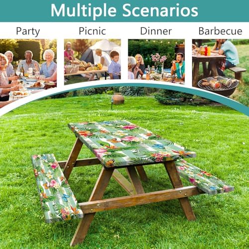 Picnic Table Cover with Bench Covers, Camping Essentials Hawaiian Luau Tropical Palm Leaves Flower Butterfly Waterproof Windproof Fitted Tablecloth Cover with Elastic Edge for Outdoor 3 PCS 30x72 Inch - Image 4