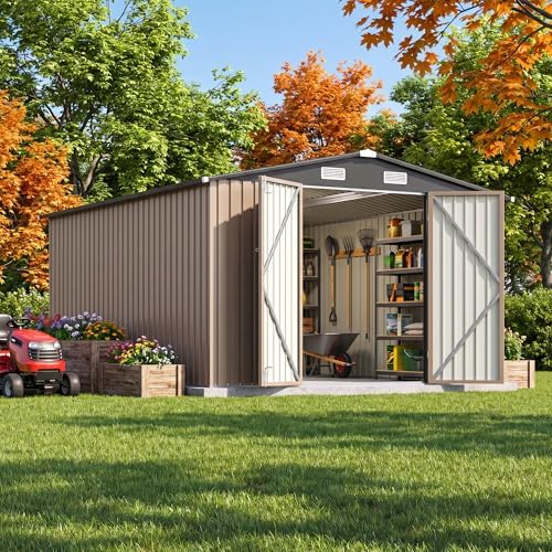 JUMMICO 10x12 FT Outdoor Storage Shed, Heavy Duty Metal Shed with Lockable Door&Slooping Roof, Tool Shed for Garden Backyard Patio(Brown) by JUMMICO