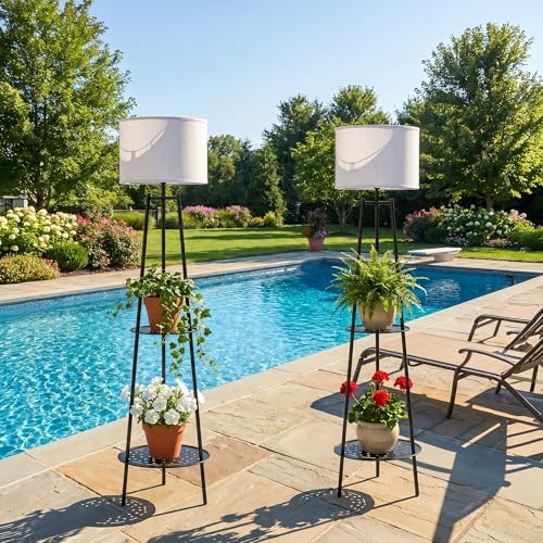 MXwcy 2Pack Solar Outdoor Floor Lamps with Plant Shelves, Waterproof Solar Standing Lamps for Patio Porch Garden Yard, Auto On/Off Warm LED Outdoor Floor Lights, Cordless 2-Tier Plant Stand Decor - Image 7