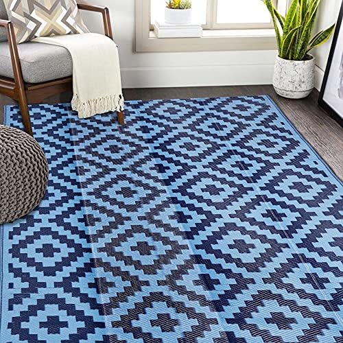 SAND MINE Reversible Mats, Plastic Straw Rug, Modern Area Rug, Large Floor Mat and Rug for Outdoors, RV, Patio, Backyard, Deck, Picnic, Beach, Trailer, Camping, Blue, 5' x 8' by SANDMIND