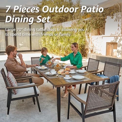 NATURAL EXPRESSIONS 7 Piece Patio Dining Set for 6,Rattan Wicker Swivel Patio Dining Chairs with Cushions,Aluminum Woodgrain Armrest, 65" Large Dining Table with Umbrella Hole for Yard, Garden,Pool - Image 7