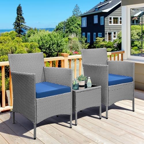 Yaheetech 3 Pcs Patio Conversation Set, Chairs & Side Table, Gray/Dark Blue - Image 2