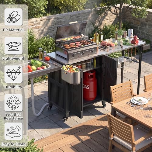 Outdoor Grill Cart with Stainless Steel Top, Outdoor Kitchen Island BBQ Prep Table, Storage Cabinet, Mobile Grill Cart with Folding Hanging Trash Bin, Wheels, Side Shelf for Patio, Garden, Picnic - Image 6