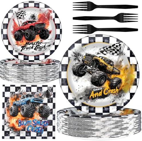 Monster Truck Party Decorations - Monster Truck Party Plates and Napkins for Kids Birthday Party, Serves 40 Guests by BonBeeDesign