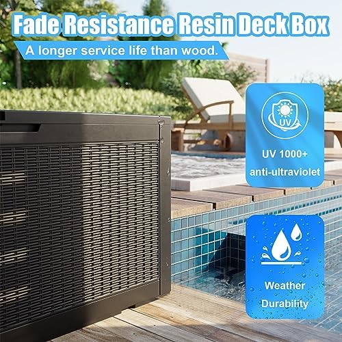 ROJIK Outdoor Storage Housing Deck Box - Waterproof Patio Furniture, Garden Tools, Cushions, Pool Accessories Storage Bench with Lockable Lid and Side Handles (Black 110 Gal) - Image 7