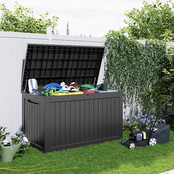 ROJIK Outdoor Storage Housing Deck Box,Waterproof Patio Furniture, Garden Tools,Cushions,Pool Accessories Storage Bench with Lockable Lid and Side Handles (Black,280 Gal) - Image 7